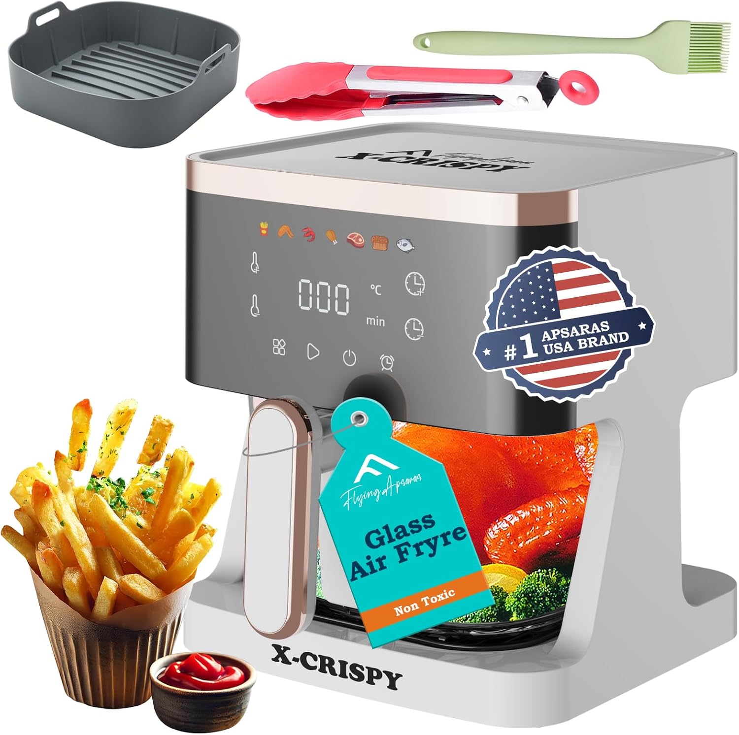 APSARAS USA Glass Air Fryer Non Toxic 5.2 QT for Healthy Cooking