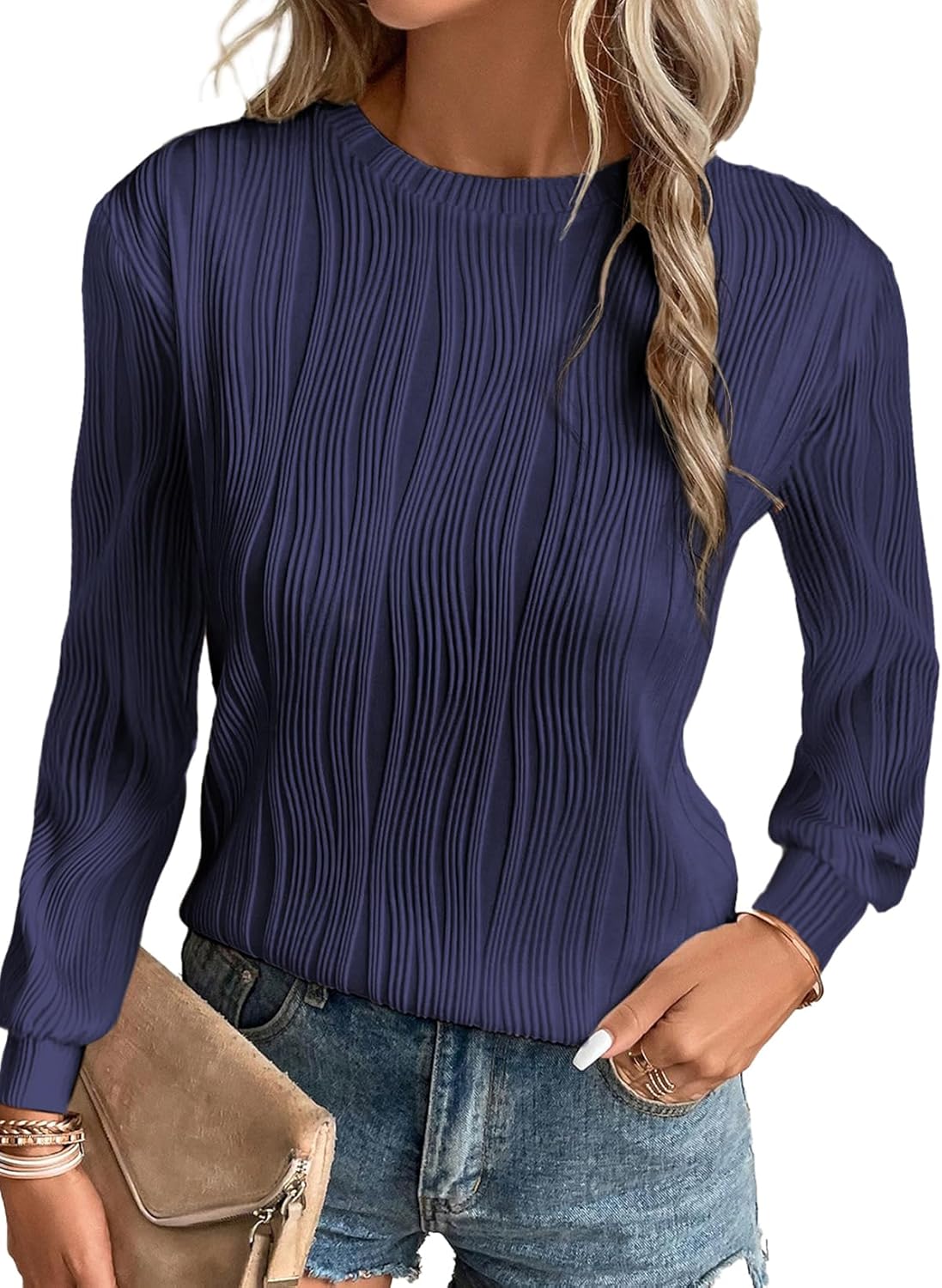 Trendy Dressy Casual Long Sleeve Crewneck Tops for Women