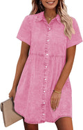 GRAPENT Denim Dress Babydoll Tiered Short Sleeve Button Down Jean neck