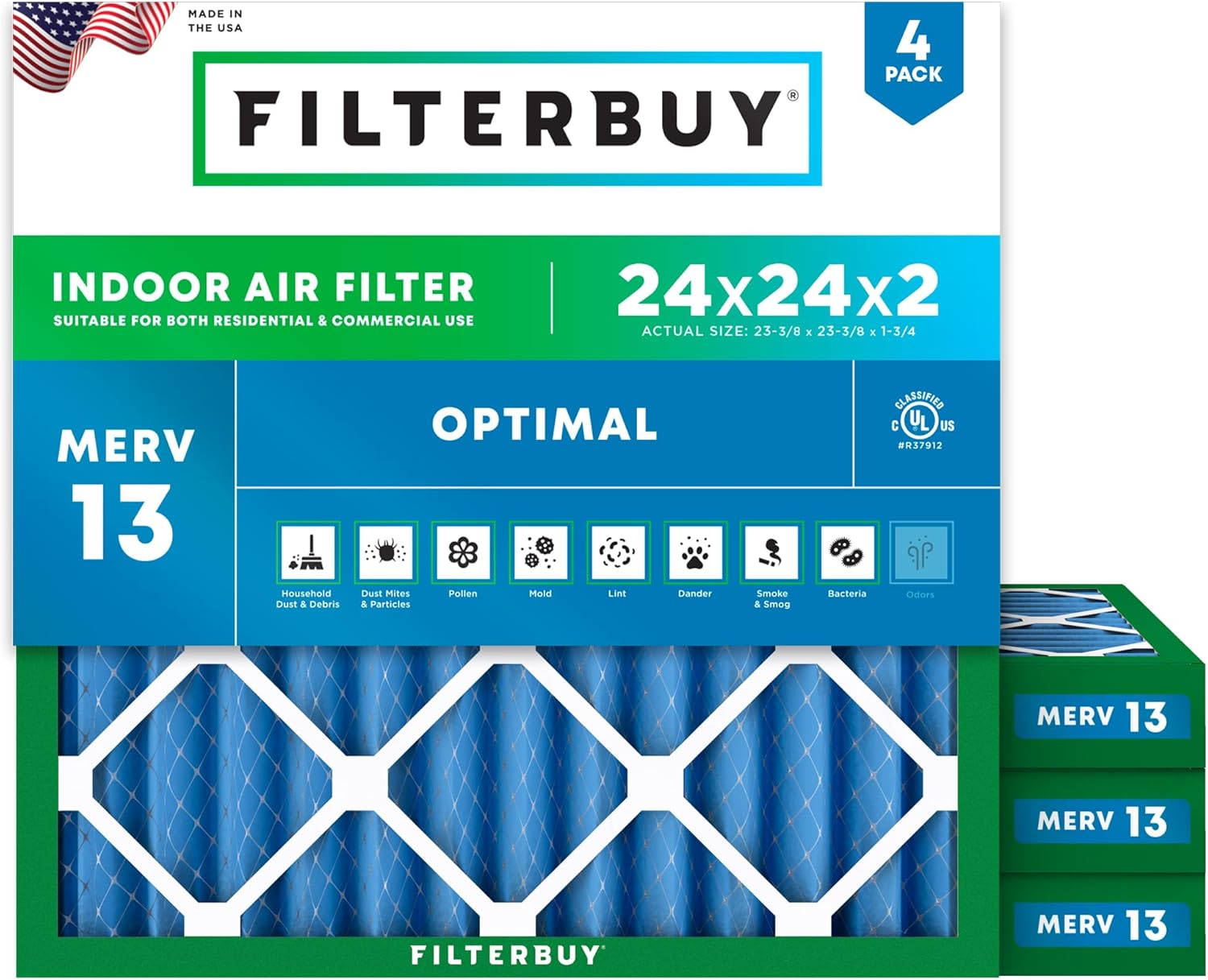 Filterbuy 24x24x2 Air Filter MERV 13 for Smoke & Allergy Defense