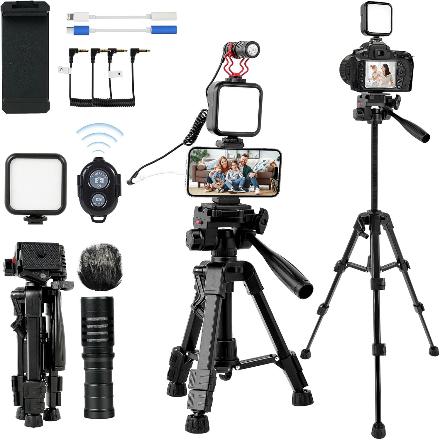 Vlogging Kit for iPhone and Android with LED Light and Microphone