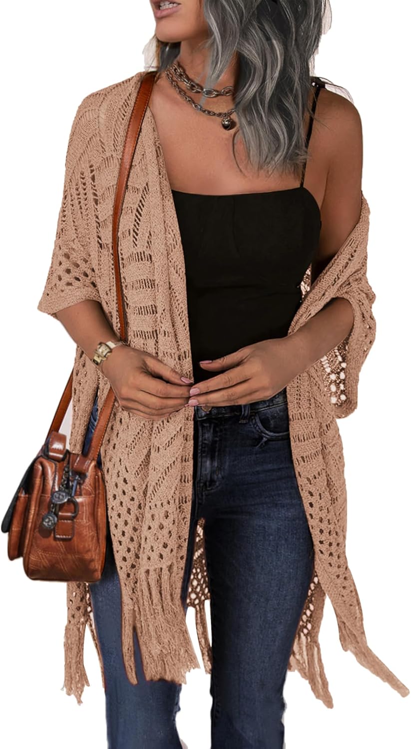 HOTOUCH Womens Knit Cardigan Open Front Crochet Tassel Outwear