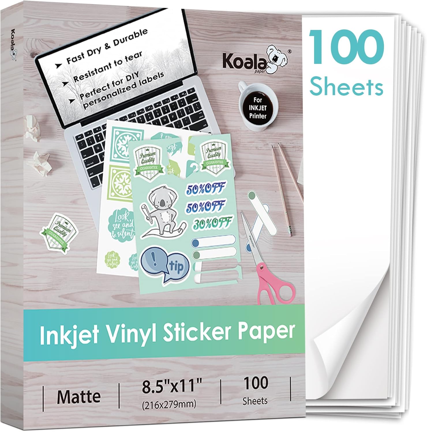 Waterproof Matte White Sticker Paper - 100 Sheets - KOALA PAPER