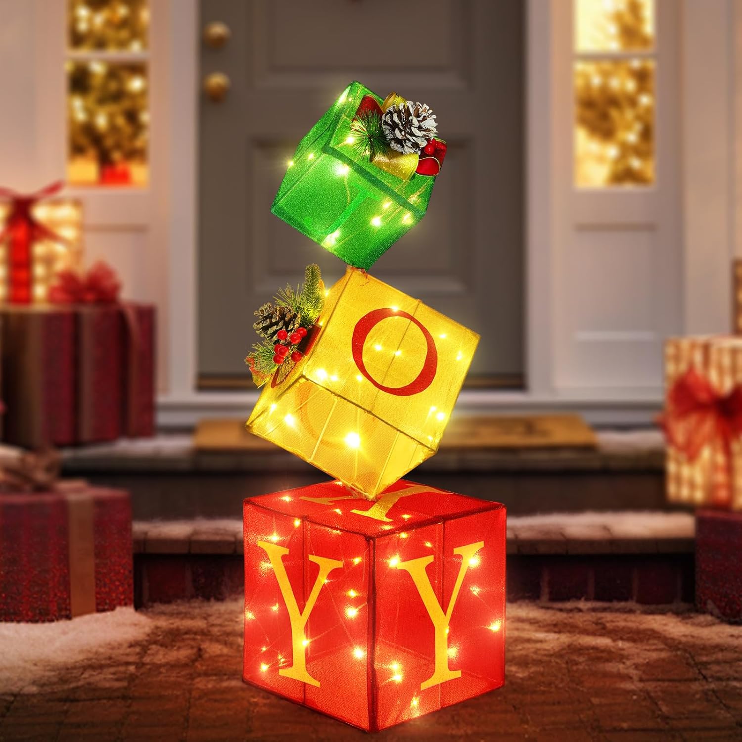 Christmas Joy Lighted Gift Boxes Set of 3 for Festive Decor