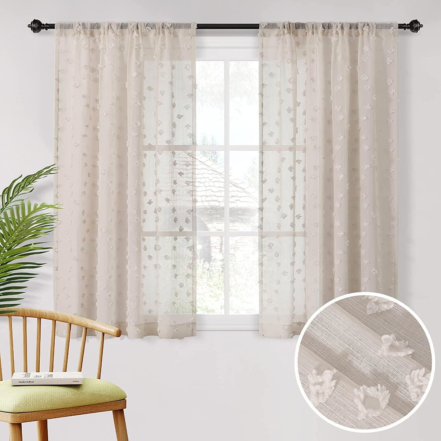 Boho Chic Pom Pom Curtains - Light Filtering 52x63 inch 2 Panels