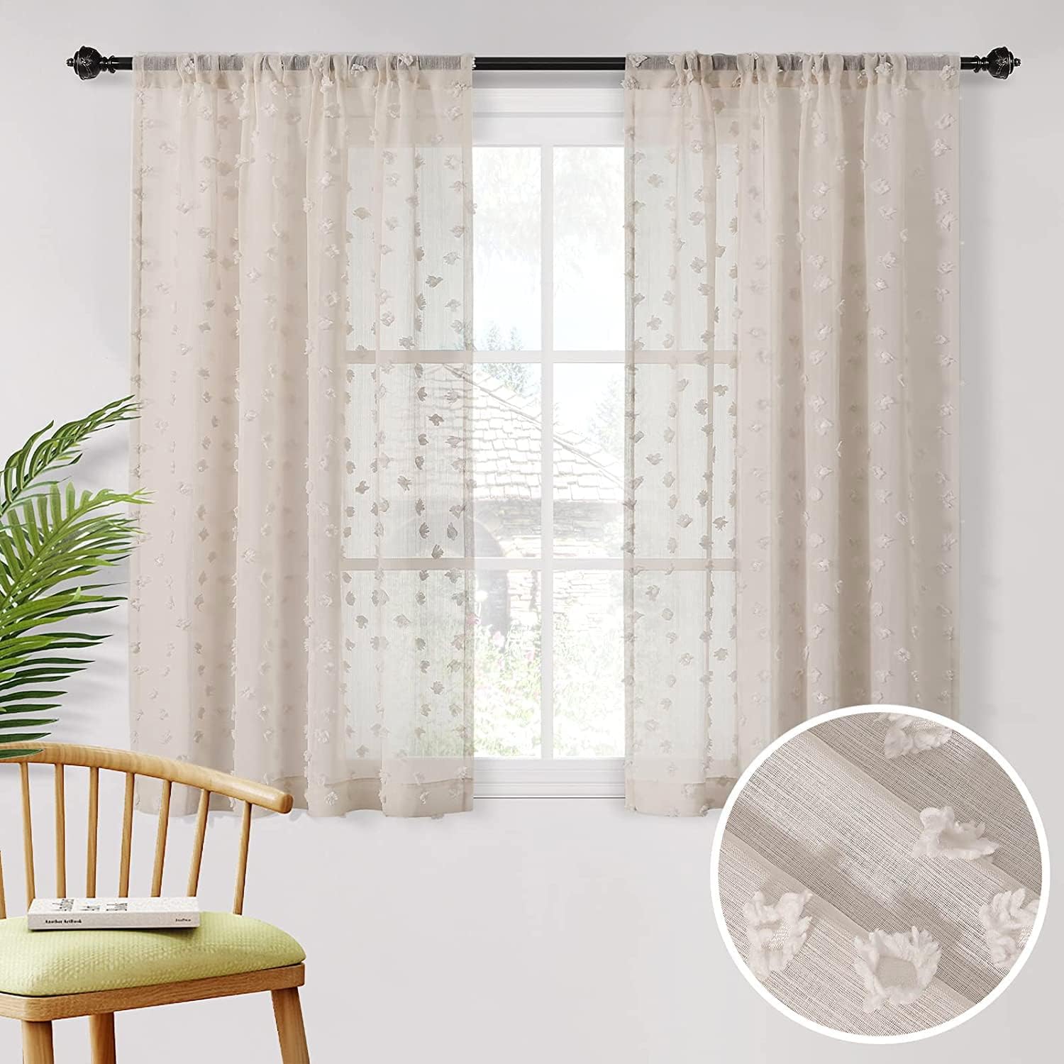 Boho Chic Pom Pom Curtains - Light Filtering 52x63 inch 2 Panels