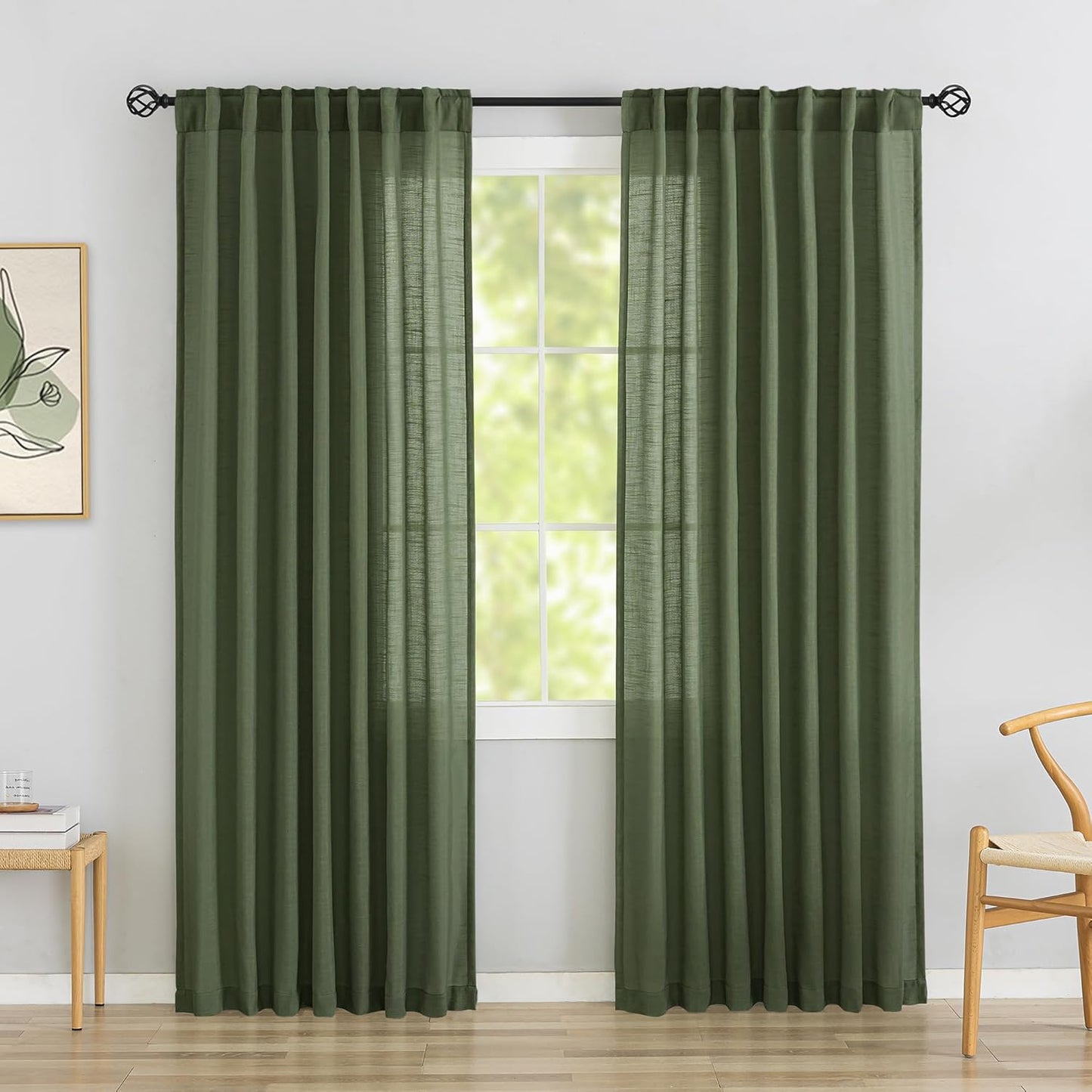 Olive Green Linen Back Tab Curtains for Dining Cottage Style