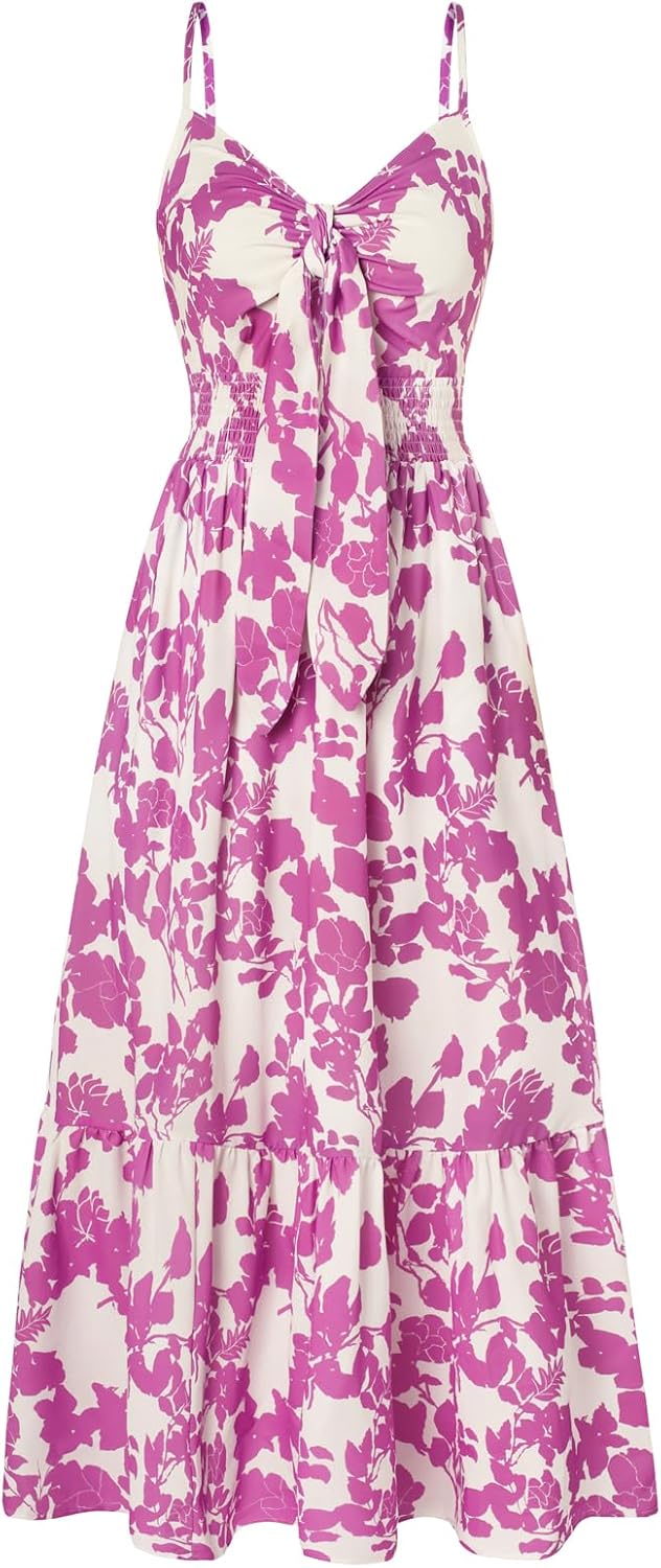 Summer Maxi Dress Floral Tie Front Spaghetti Strap Casual Style
