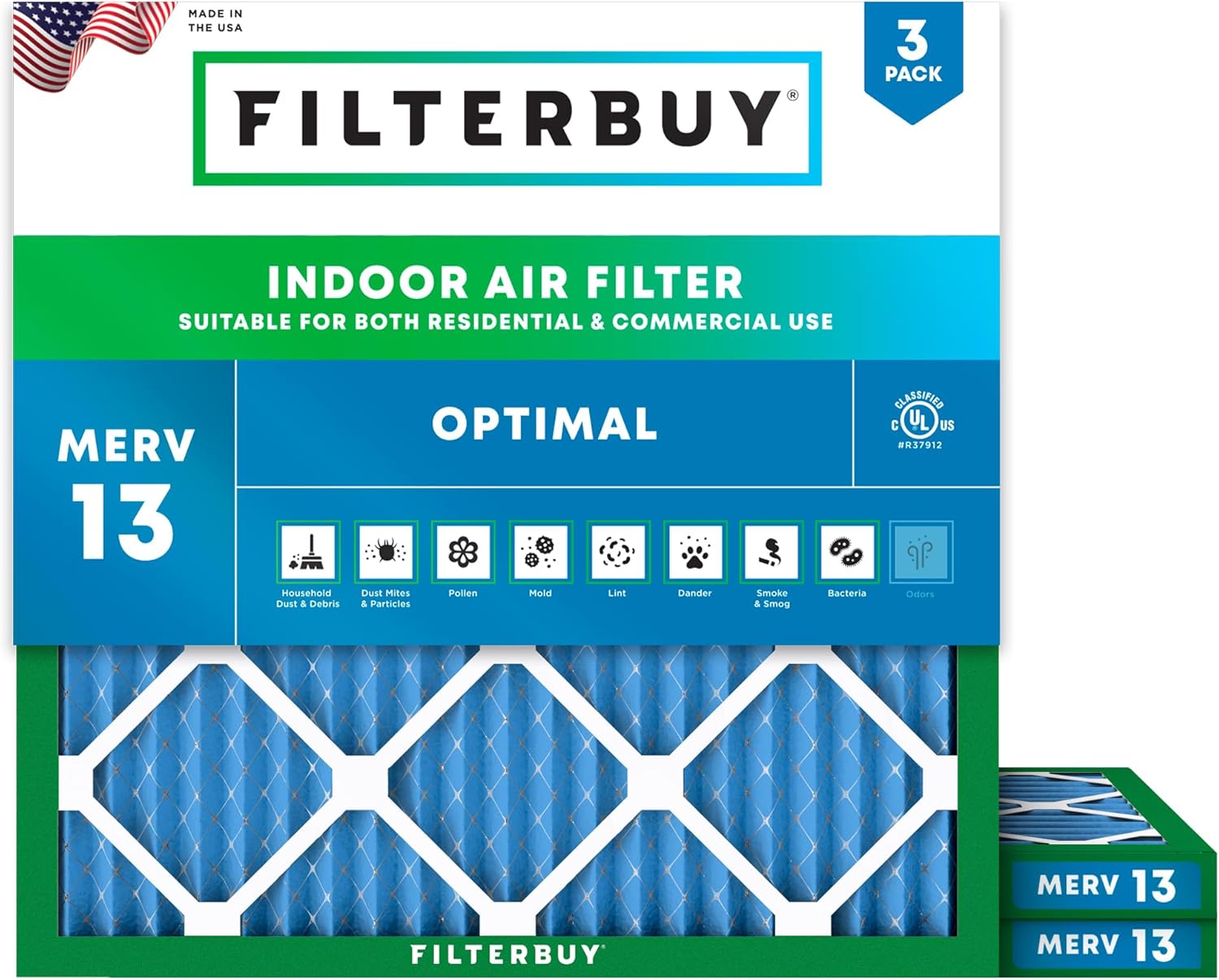 Filterbuy 21x21x1 Air Filter MERV 13 for Smoke & Allergy Defense