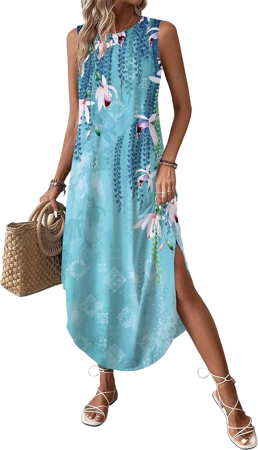 Floral Summer Casual Beach Printed Tank Dress with Pockets