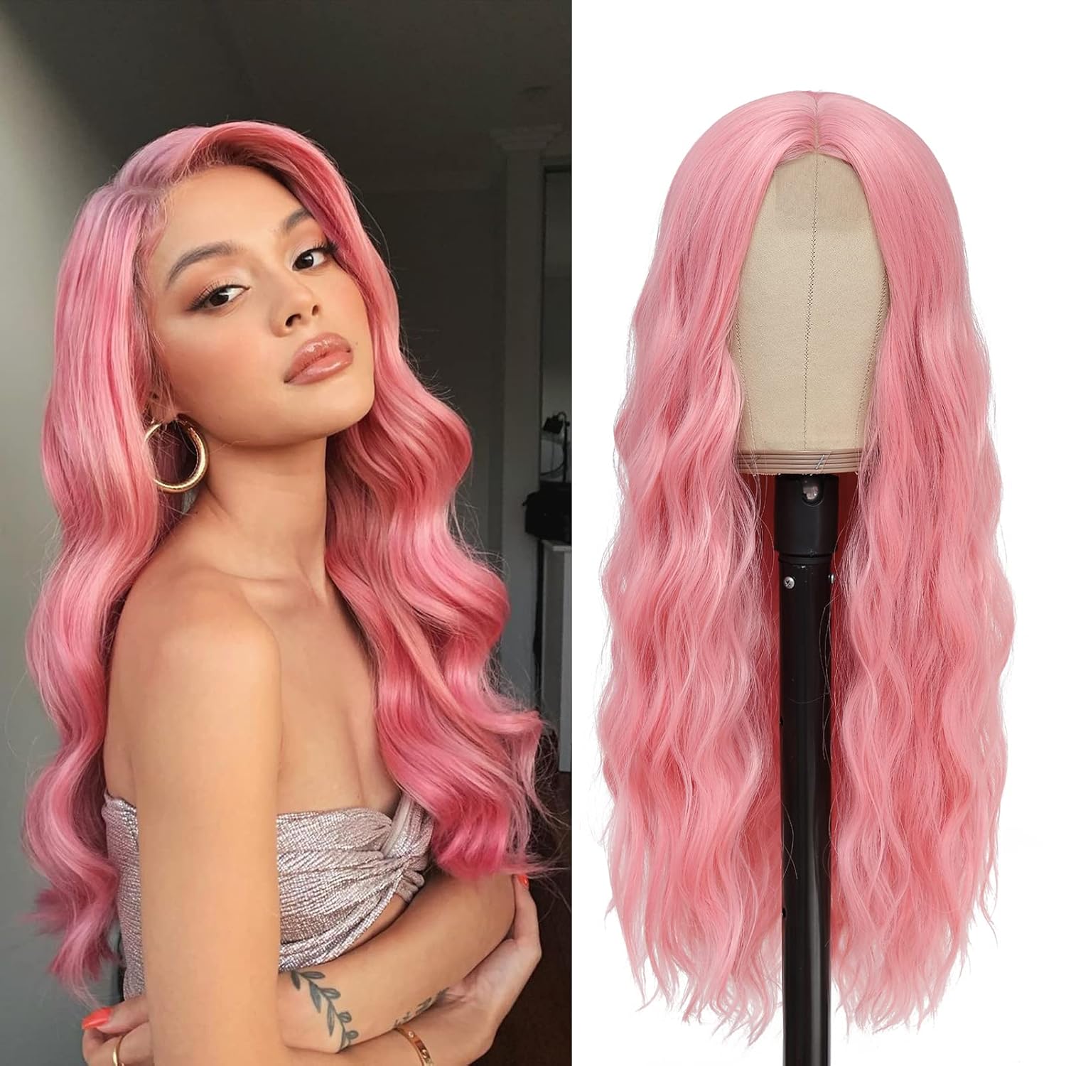 Long Pink Wavy Wig for Women - 26 Inch Natural Curly Style