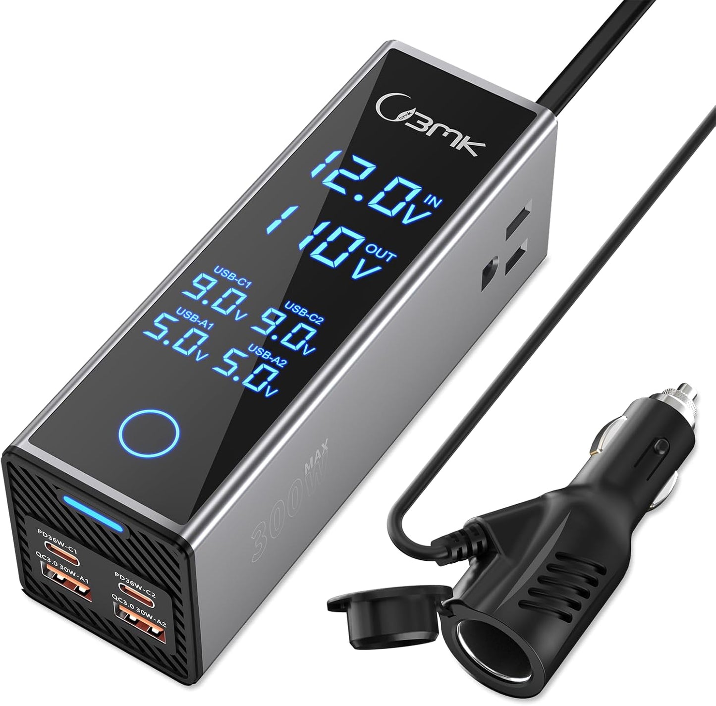 BMK 300W Car Power Inverter with Dual AC Outlets & USB Ports