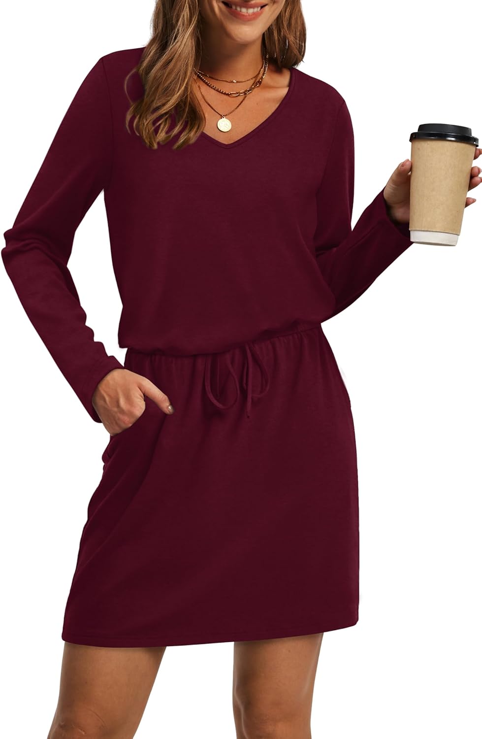 OFEEFAN Fall Dresses for Women: Casual V Neck Long Sleeve Style