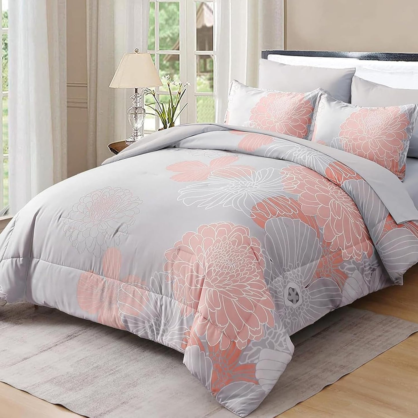 Yiran Blush Grey Floral Bed in a Bag Comforter Set for King