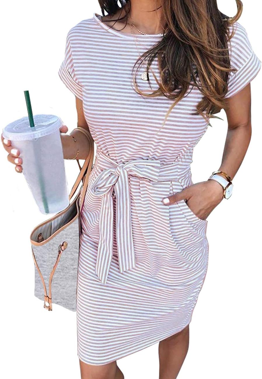 MEROKEETY Women's Summer Striped T Shirt Dress with Pockets