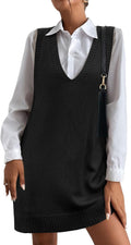 Women Oversized V Neck Sweater Vest Dress - Tunic with Pockets