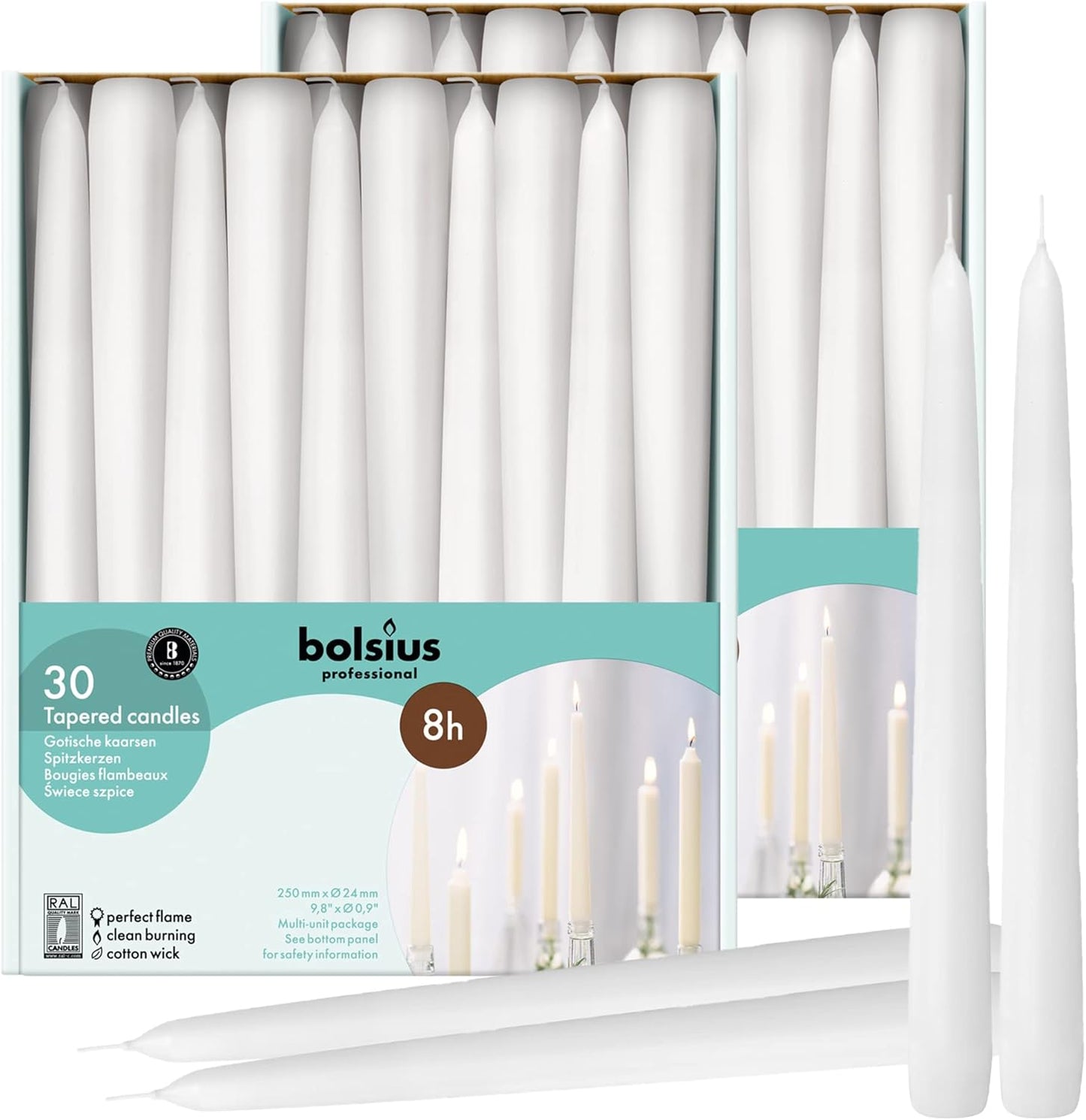 BOLSIUS 60 Count White Taper Candles - 10 Inch Dripless Set