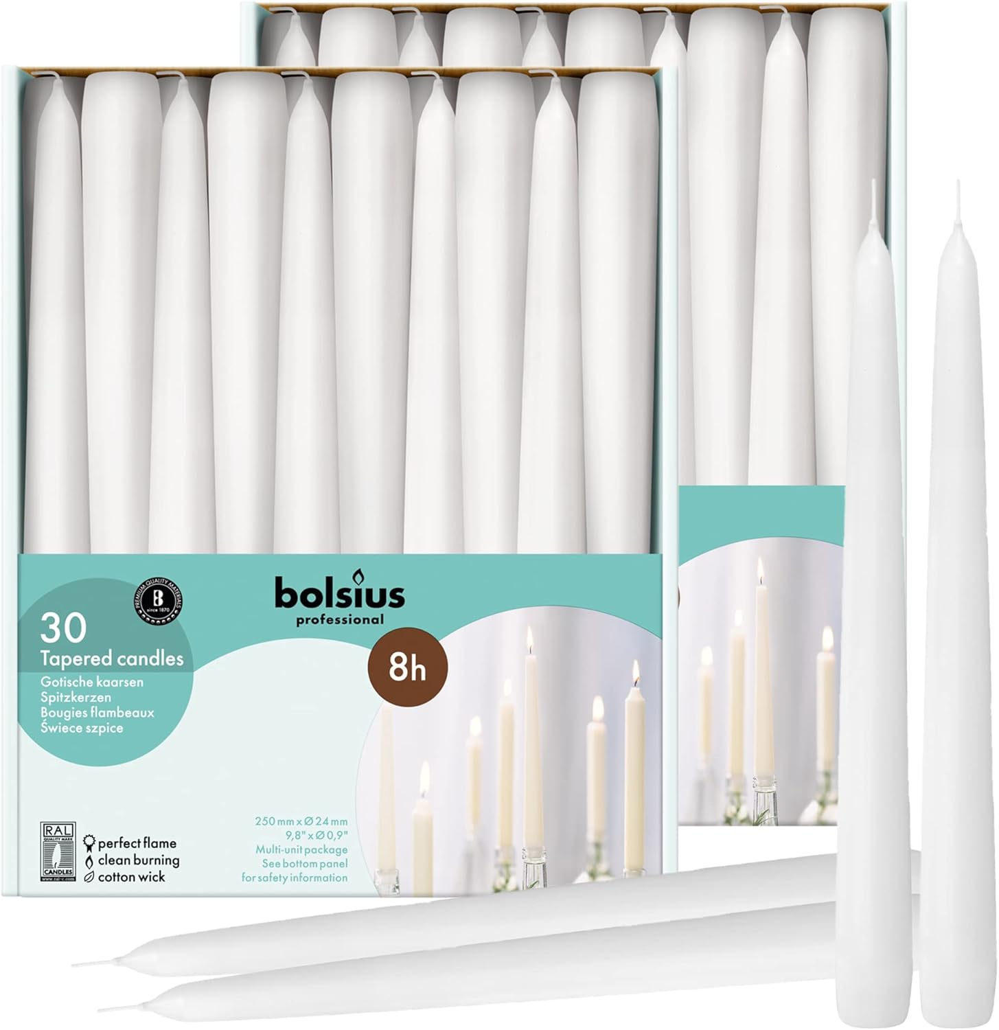 BOLSIUS 60 Count White Taper Candles - 10 Inch Dripless Set