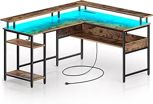 Rolanstar L Shaped Computer Desk with LED Lights and Outlets