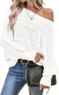 Women's Crochet Boat Neck Long Sleeve Sweater - Loose Fit Cozy