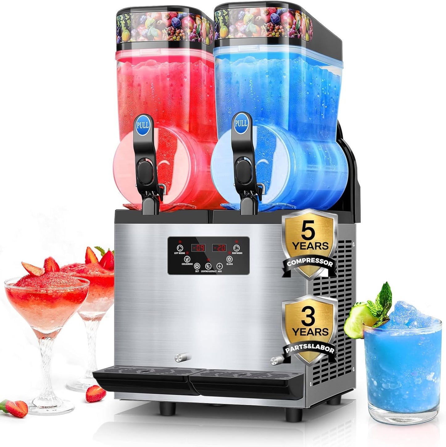 FOHERE Commercial 2-Flavor Slushie Machine | 25-Min Freeze Time | High-End Compressor