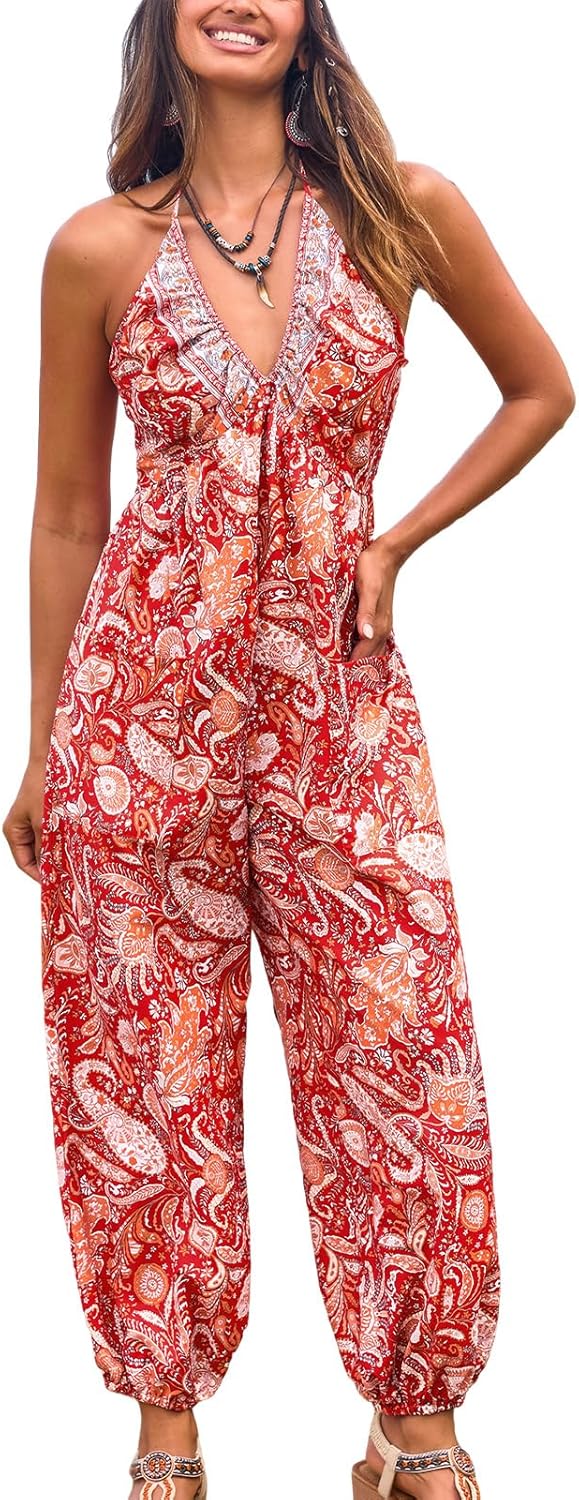 CUPSHE Women's Plunge Halter Maxi Jumpsuit with Pockets