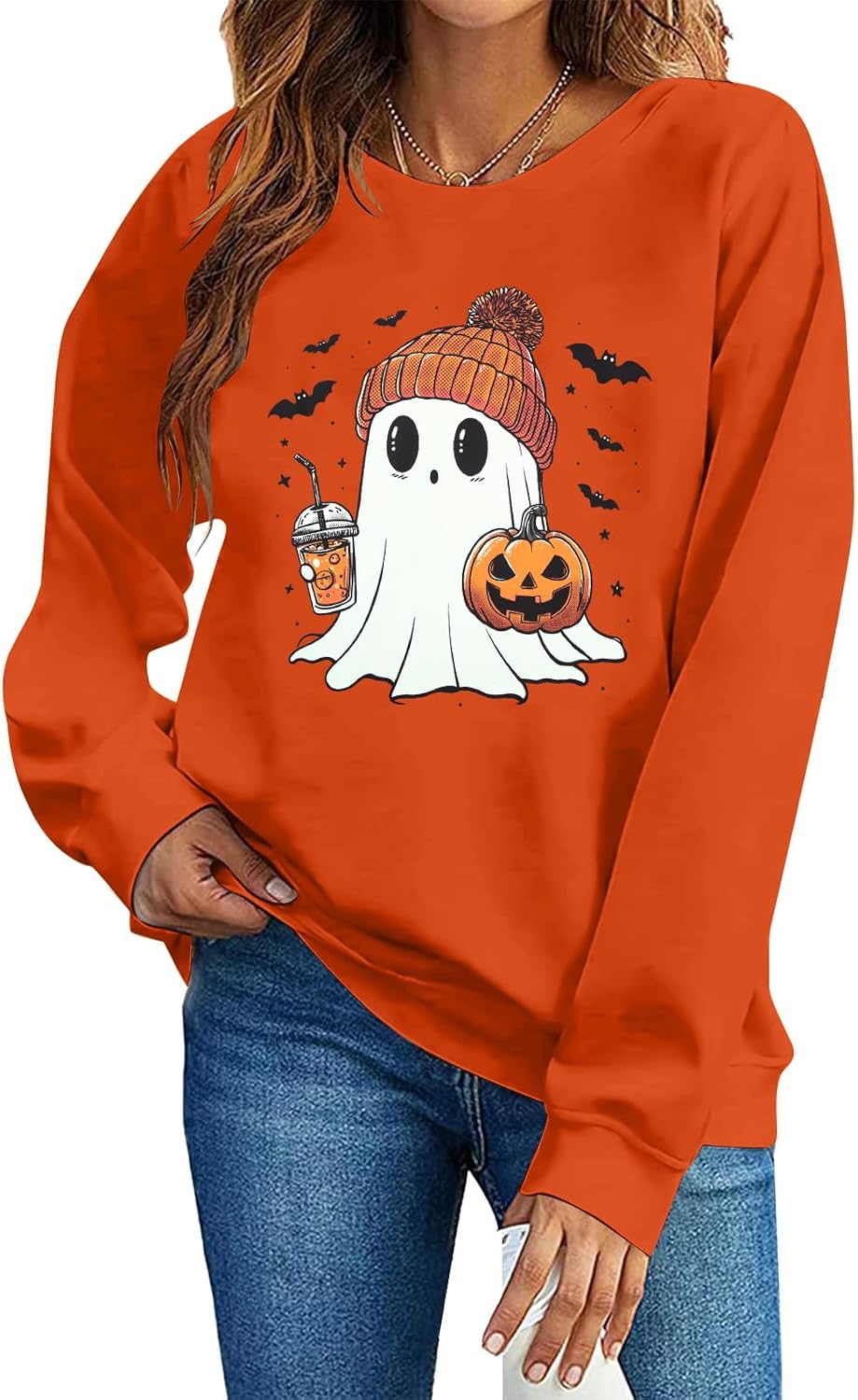 Halloween Sweatshirts for Women Ghost Pumpkin Long Sleeve Shirt