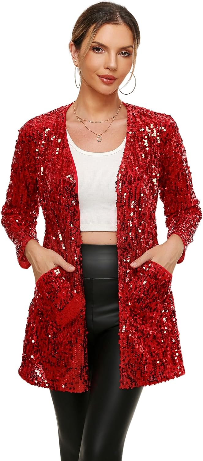 Women's Sequin Jacket Long Sleeve Open Front Blazer for Parties