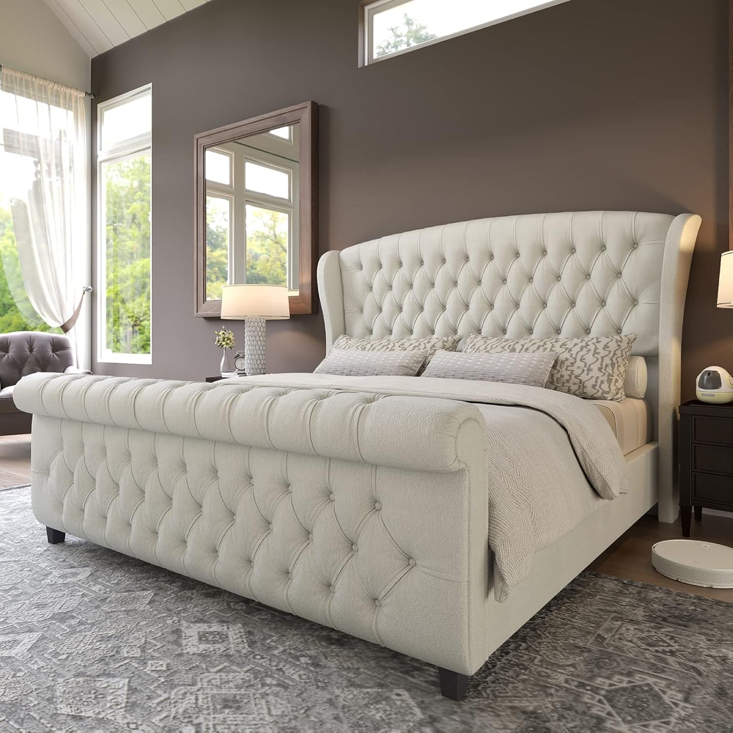 Queen Size Platform Bed Frame with Chenille Upholstery Design