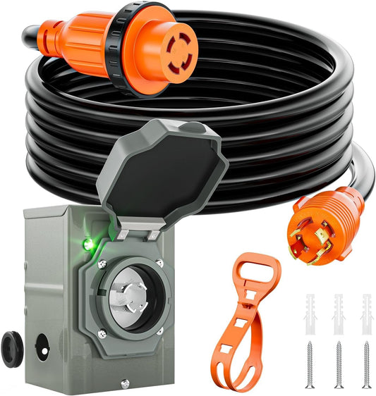 30 Amp Generator Power Cord 15ft with Inlet Box Kit for RV