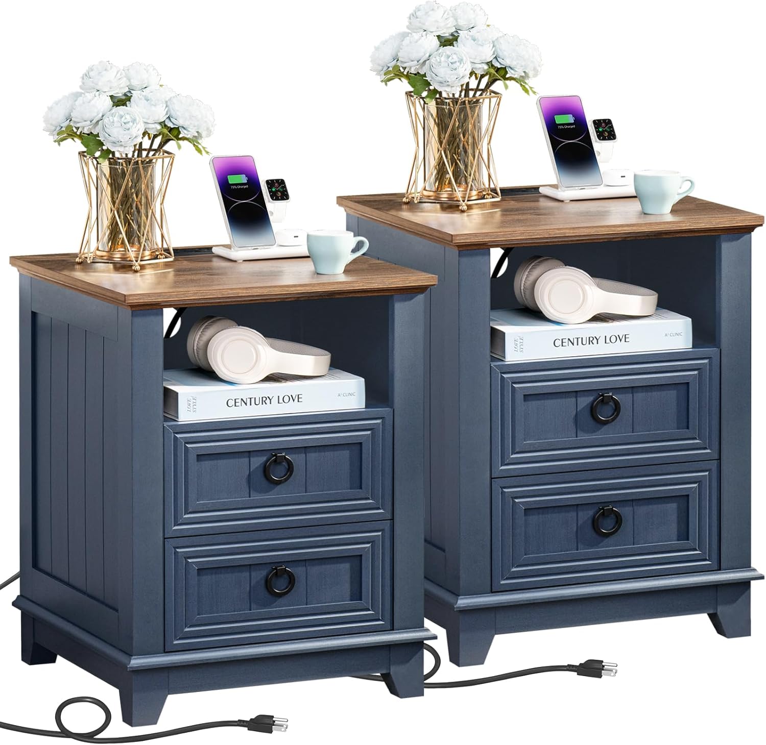Farmhouse Night Stands Set of 2 with Charging Station and Drawers