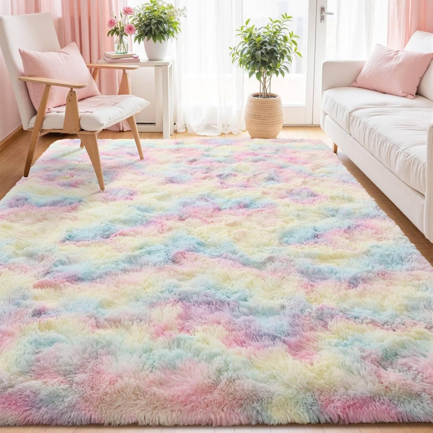 5x8 ft Fluffy Rainbow Area Rug for Bedroom and Living Room