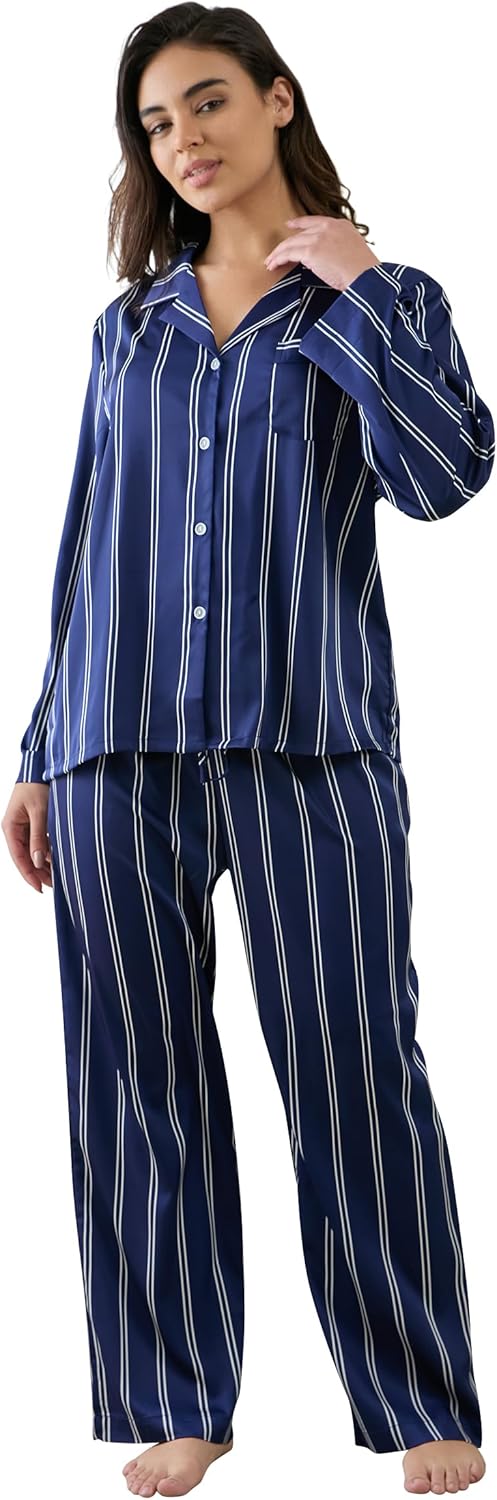 Womens Silk Satin Pajamas Set Button Down 2 Piece Pjs Long Sleeve
