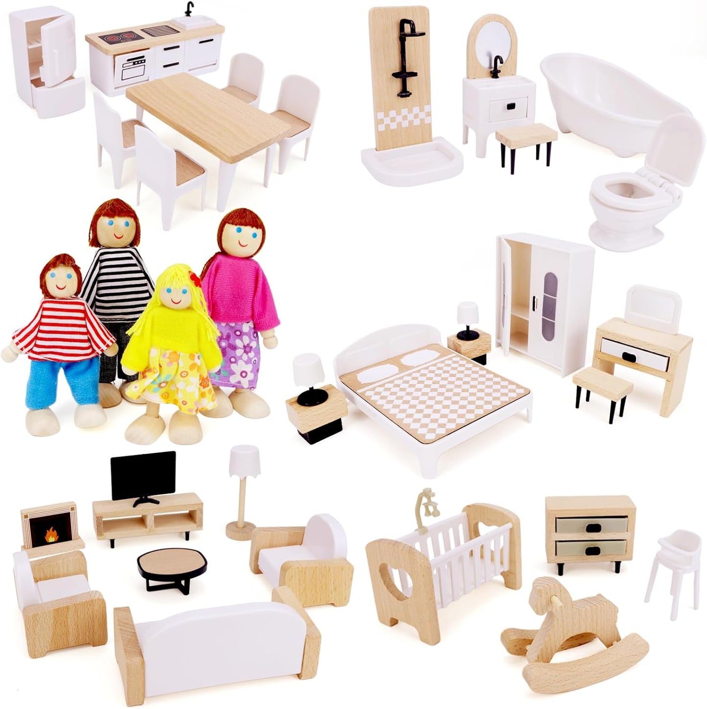 Wooden Dollhouse Furniture Set with 36 Pcs for Kids Playtime