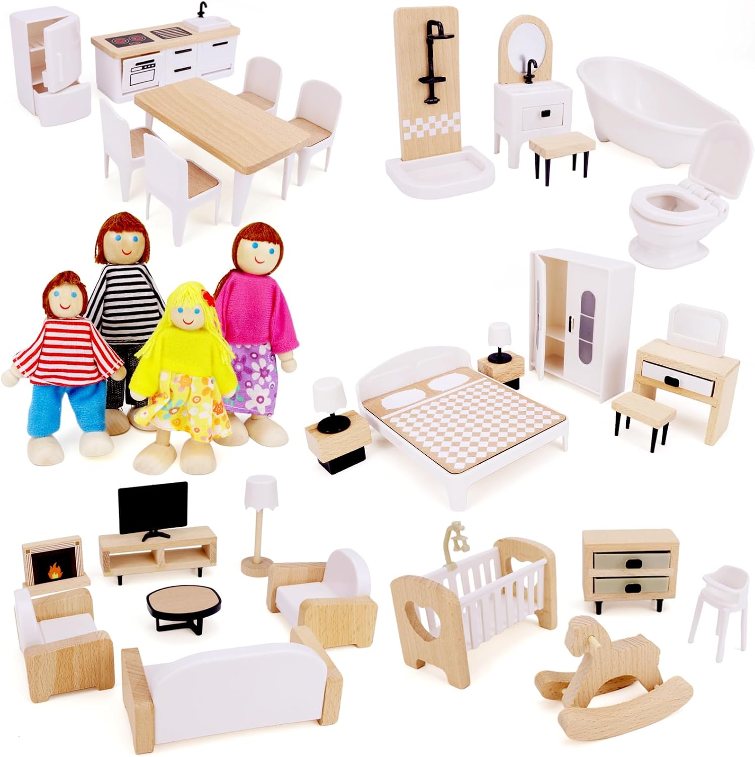Wooden Dollhouse Furniture Set with 36 Pcs for Kids Playtime