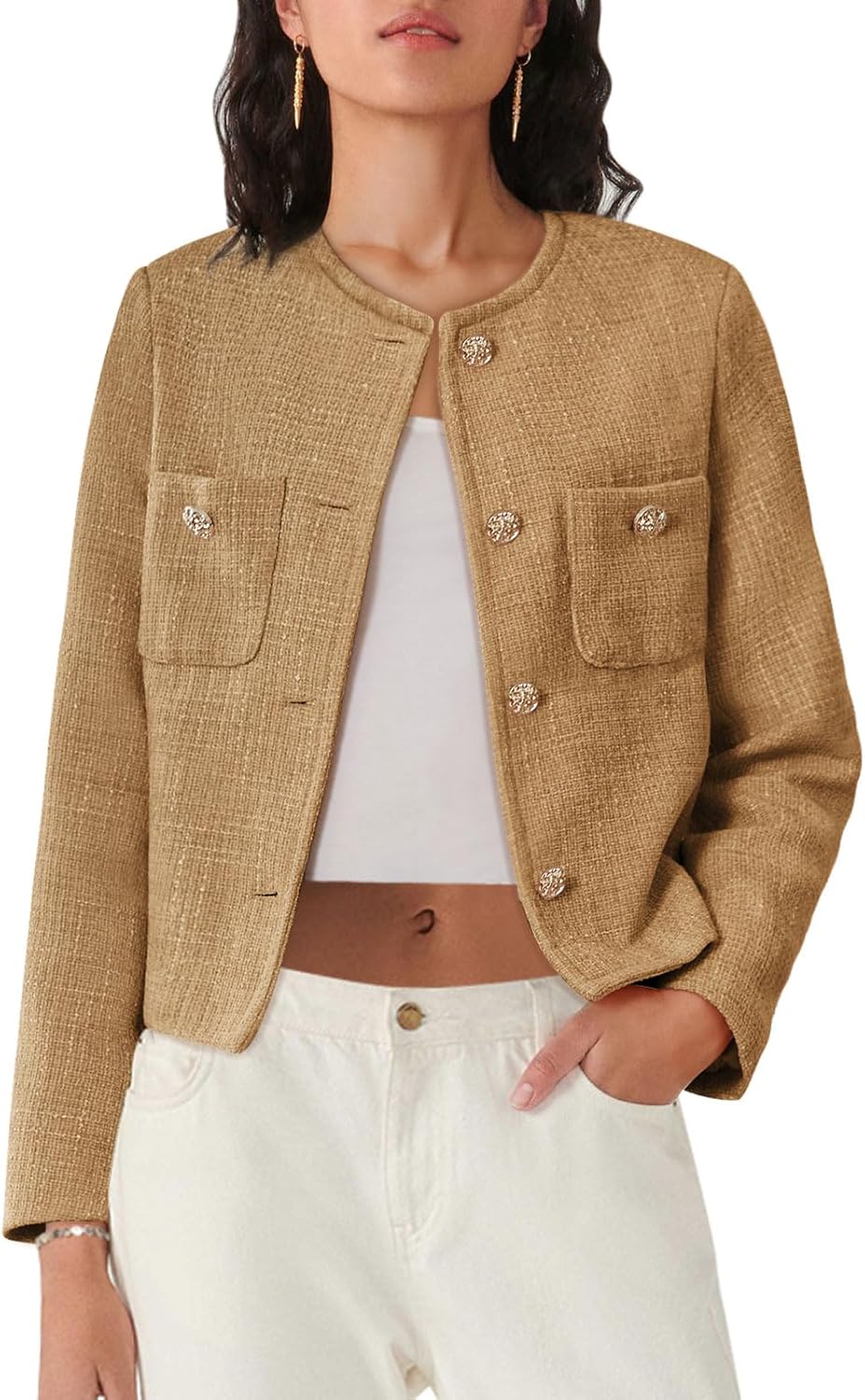 Women's Tweed Blazers Long Sleeve Casual Cropped Jacket