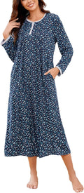 Cotton Nightgowns for Women Long Sleeve with Pockets - Soft Crew Neck