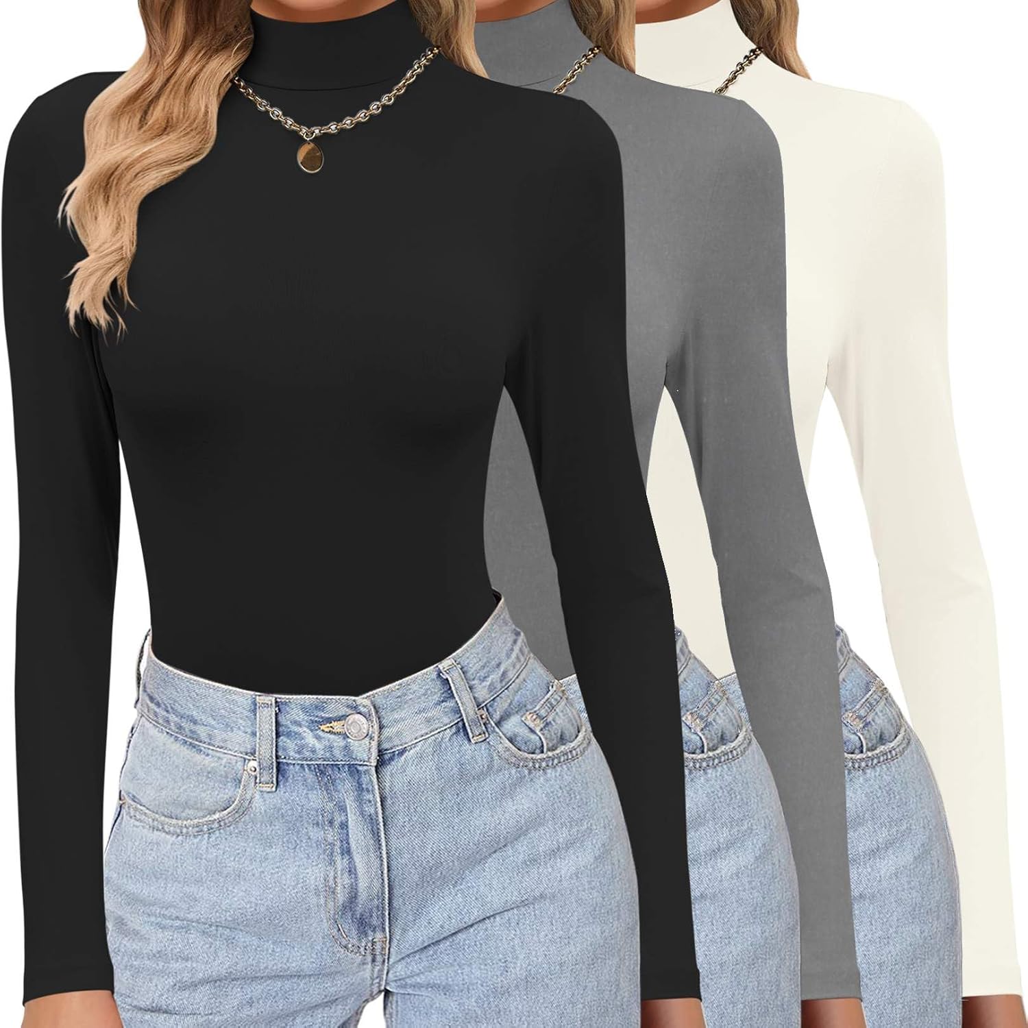 Ekouaer Women's Turtleneck Shirts 3 Pack Long Sleeve Tops
