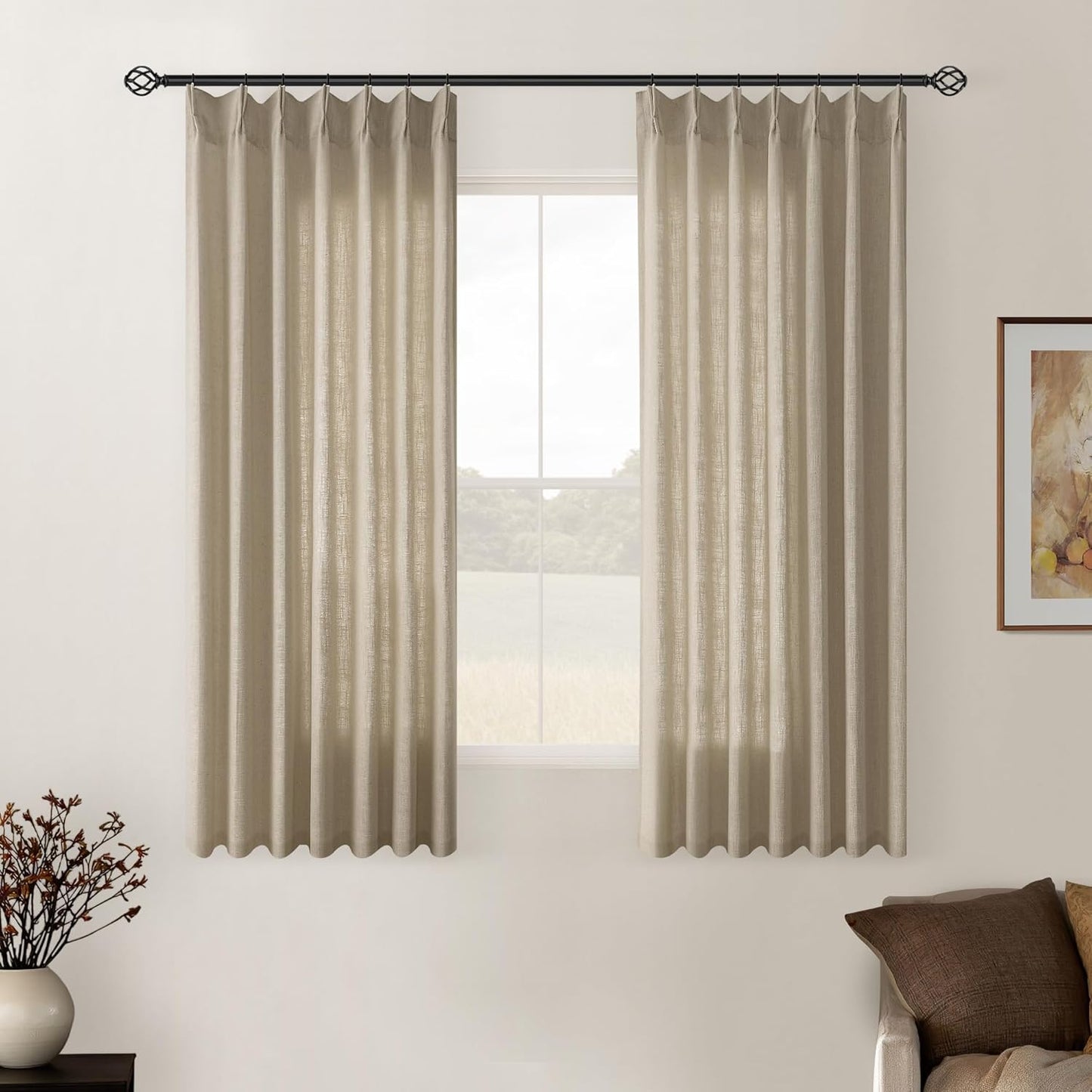 Grey Beige Linen Kitchen Curtains for Small Windows 45 Inches