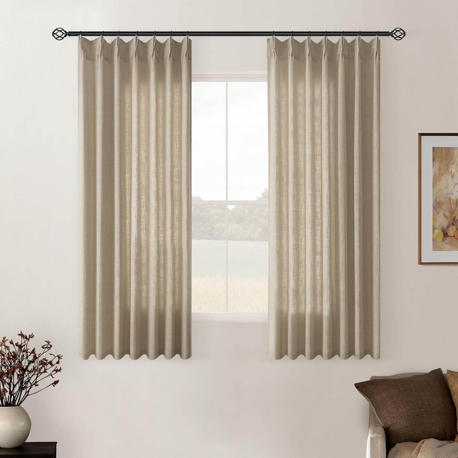 Grey Beige Linen Kitchen Curtains for Small Windows 45 Inches
