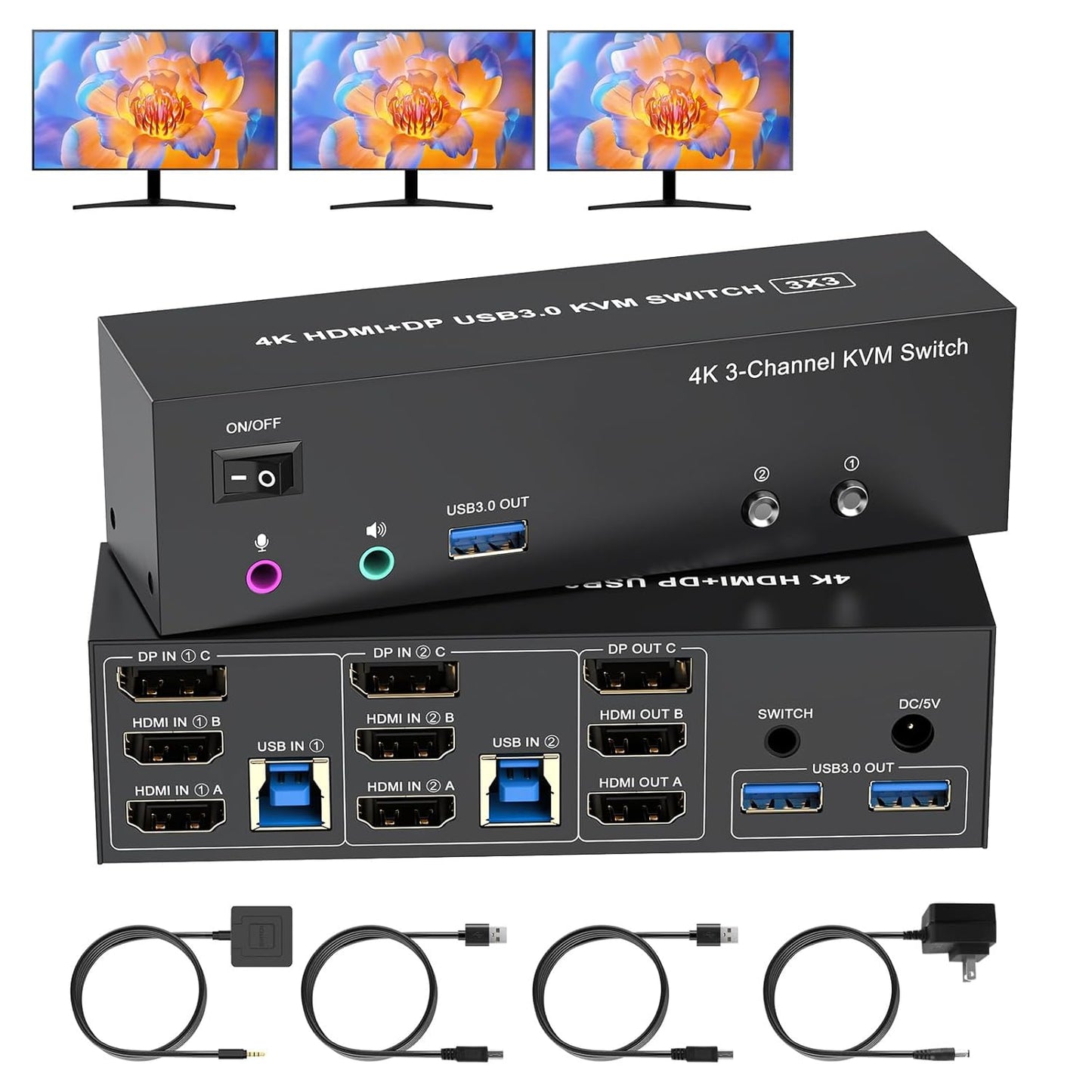 4K KVM Switch for 3 Monitors and 2 Computers - Triple Display