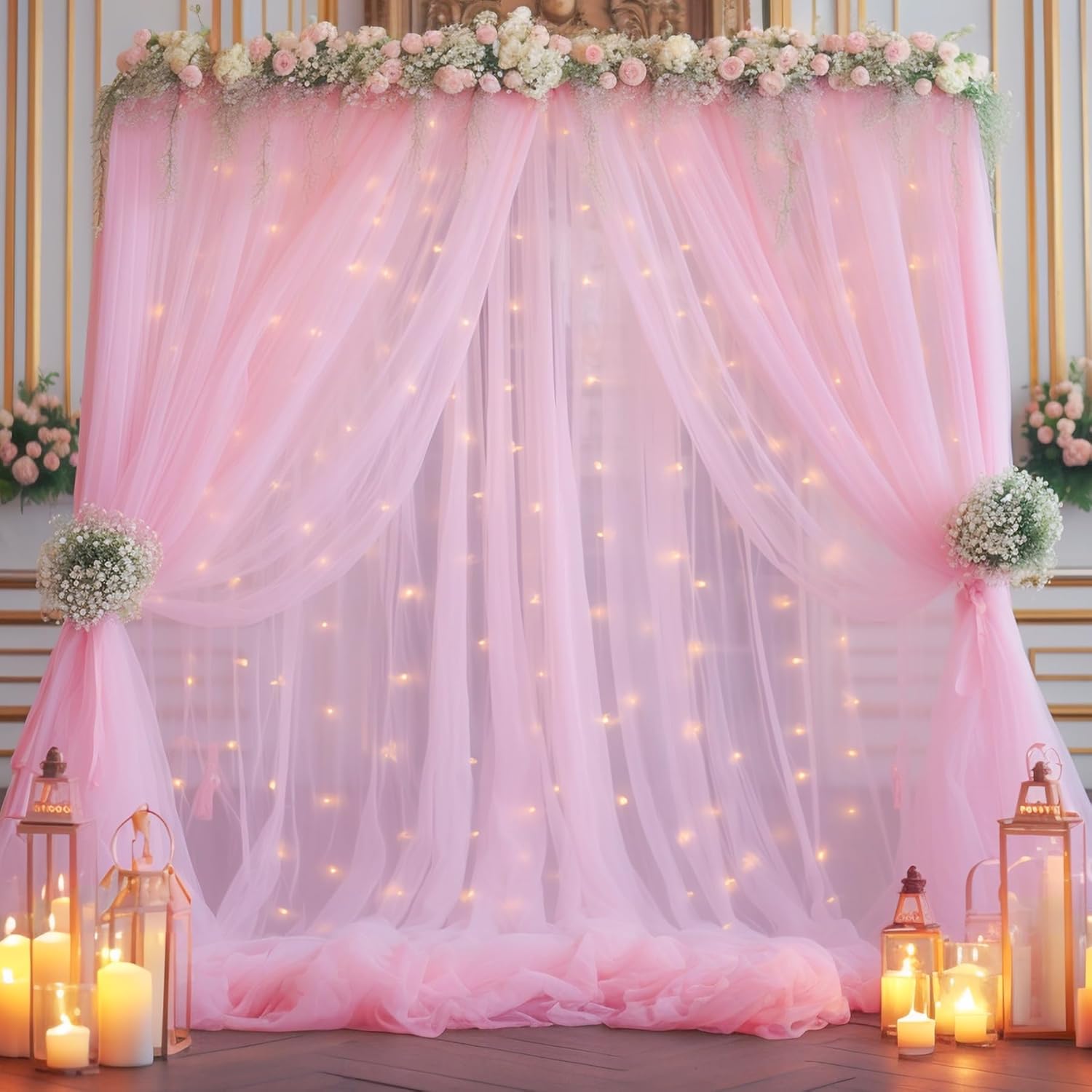 3010ft Pink Tulle Backdrop Curtain with Lights for Events
