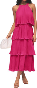 ZESICA Summer Sleeveless Halter Neck Ruffle Tiered Midi Dress