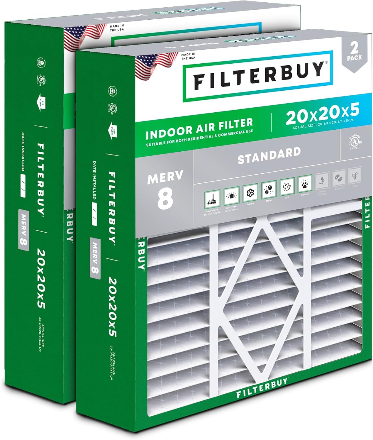 Filterbuy 20x20x5 Air Filter MERV 8 for Dust and Allergies