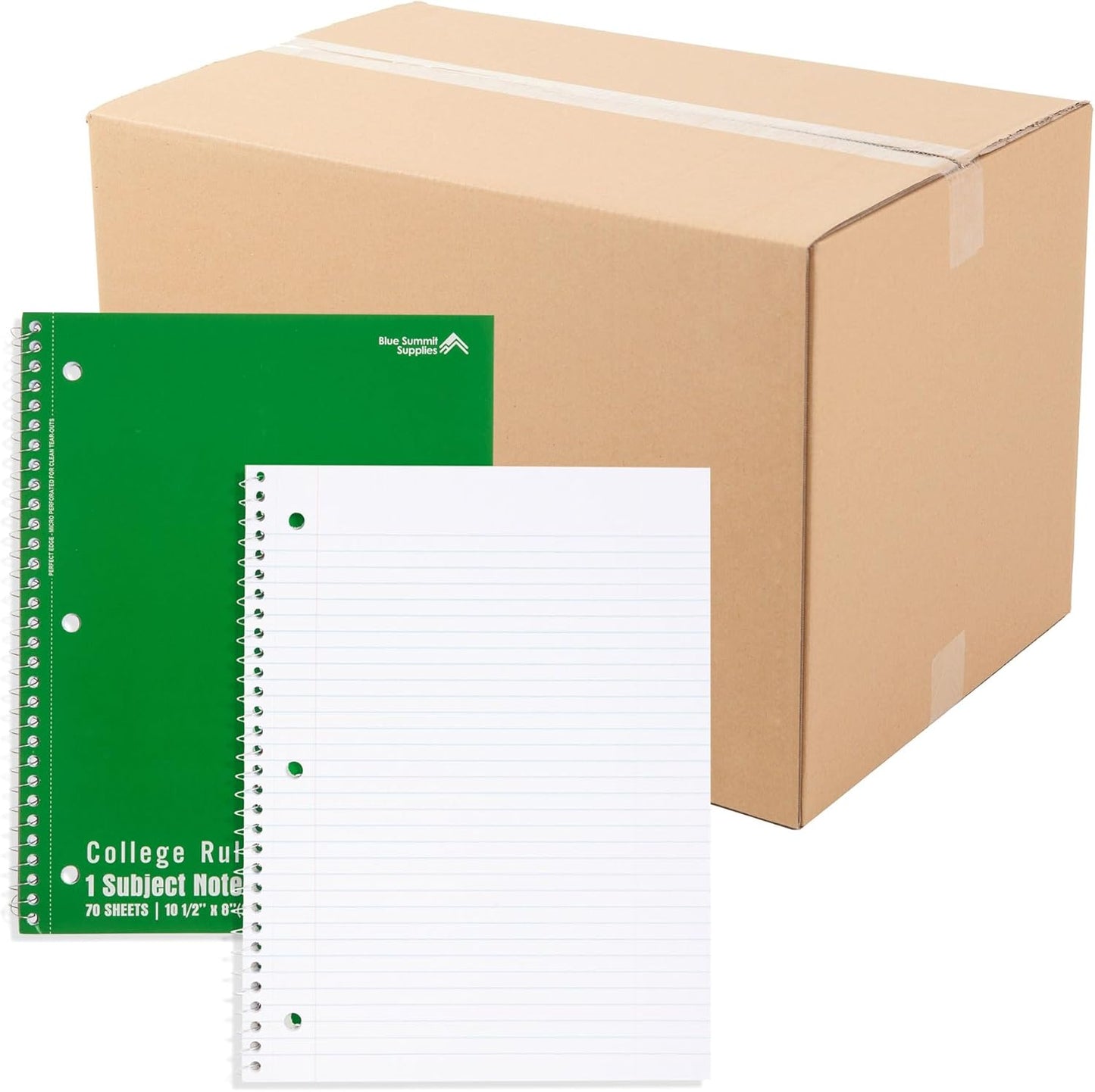 Bulk College Ruled Spiral Notebooks, 70 Sheets, Perforated, Green - 48 Count