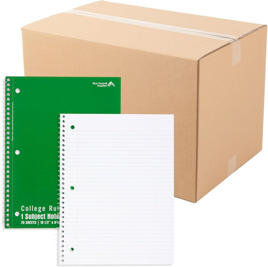 Bulk College Ruled Spiral Notebooks, 70 Sheets, Perforated, Green - 48 Count