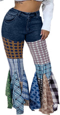 ThusFar Women High Waist Patchwork Flare Jeans - Plaid Bellbottom