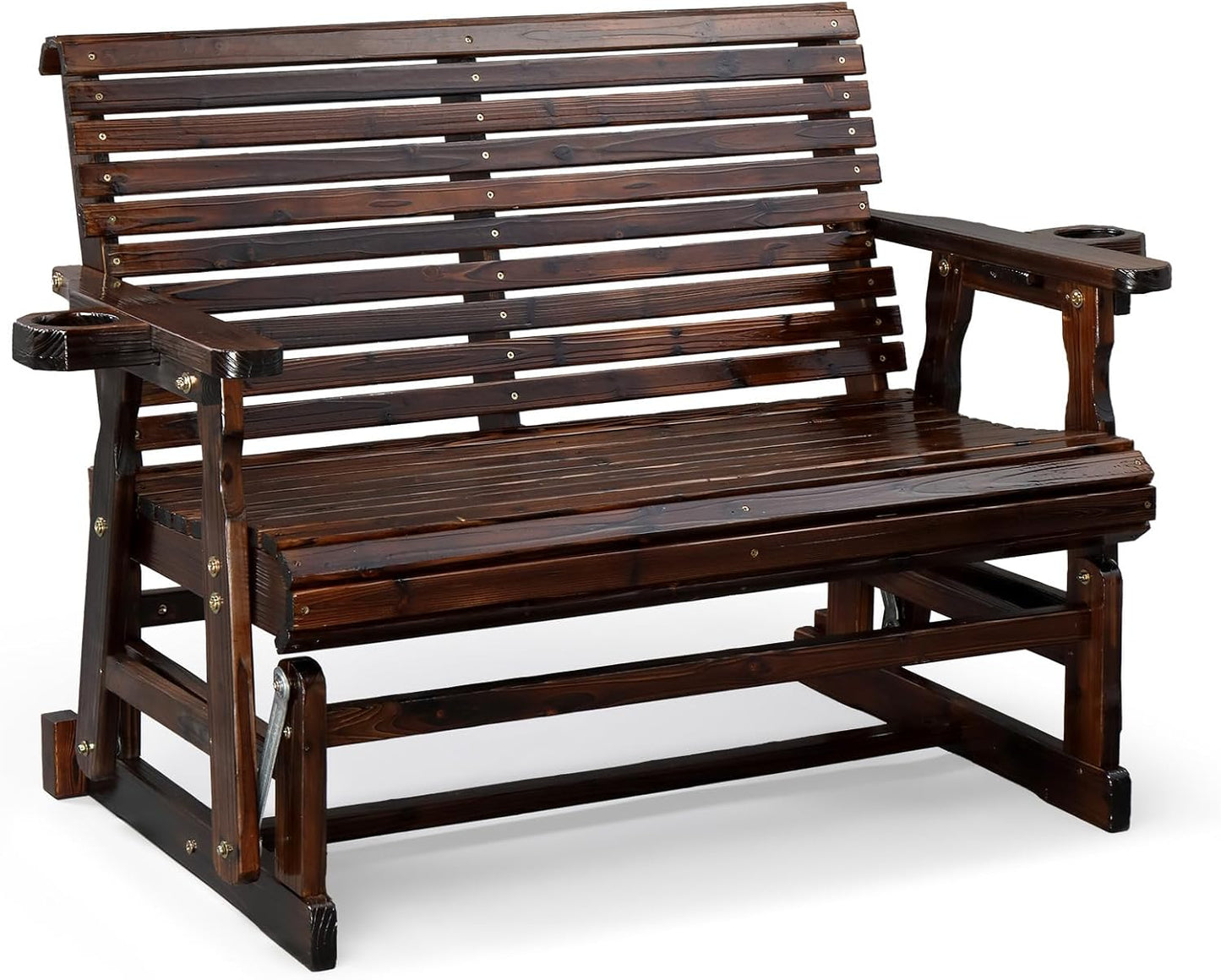 VINGLI Outdoor Glider Wood Patio Chair with Cup Holders