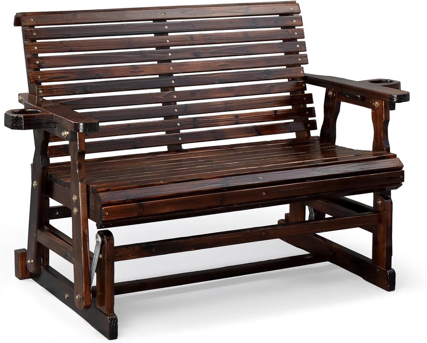 VINGLI Outdoor Glider Wood Patio Chair with Cup Holders