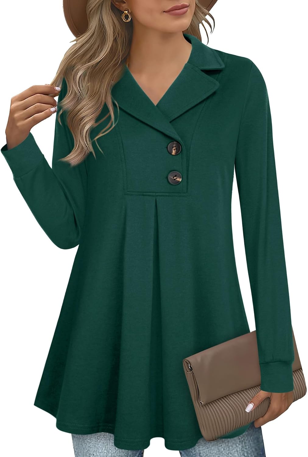 Gaharu Women's Swing Tunic Notch Collar Long Sleeve Pullover